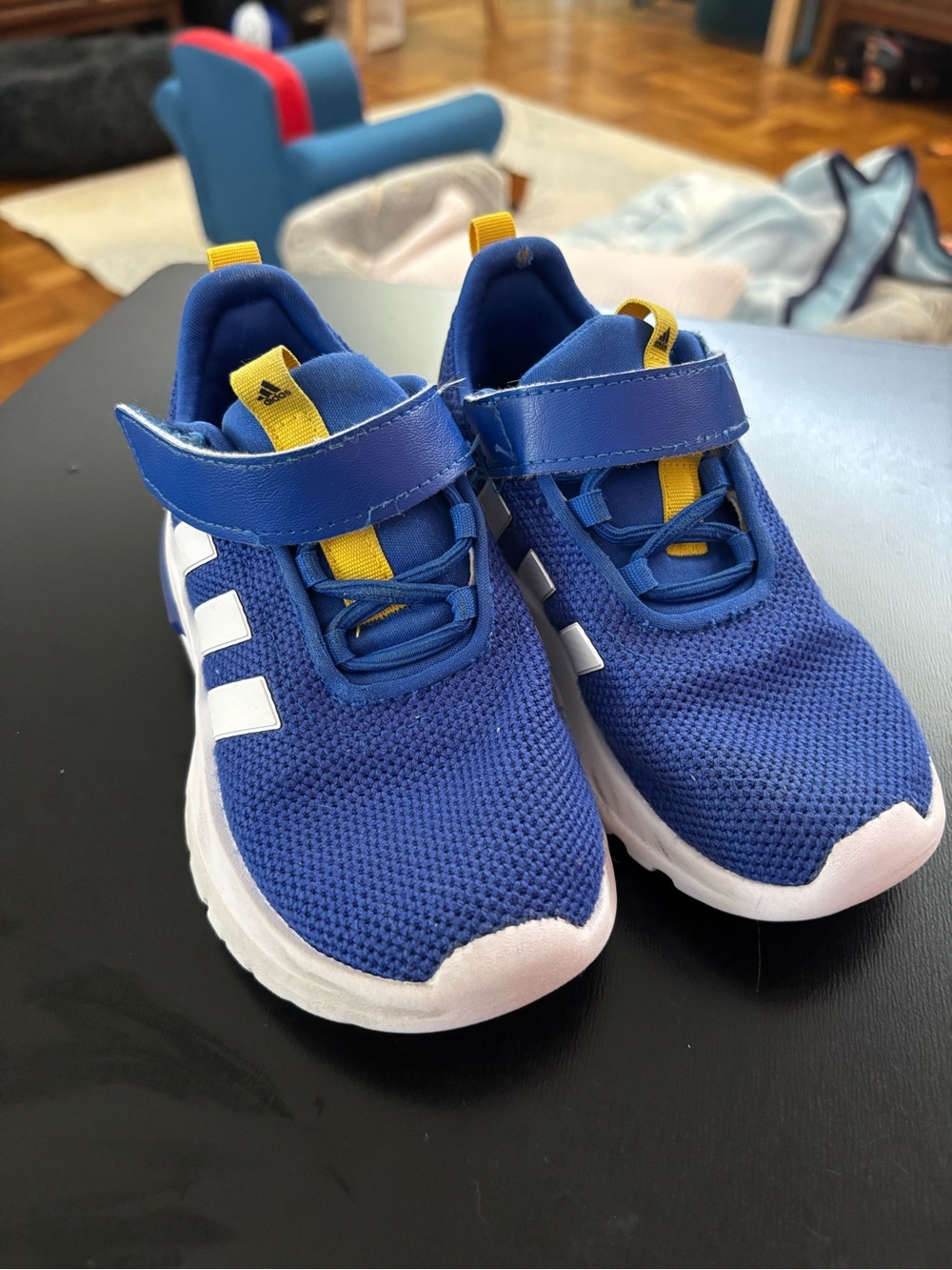adidas Blue Kids Sneakers with Orange Tabs and White Stripes